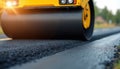 Heavy roller compacts asphalt surface, road construction work. Yellow vehicle at road work site. Engineering, infrastructure Royalty Free Stock Photo