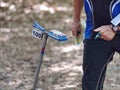 Heavy run in forest. Orienteering orange white box Royalty Free Stock Photo