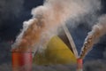 Global warming concept - heavy smoke from industry pipes on Saint Lucia flag background with place for your content - industrial