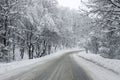 Heavy snow on a dirty slippery winter road