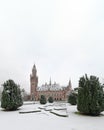 Heavy snow on the garden of the Peace Palace, the seat of the International Court of Justice Royalty Free Stock Photo