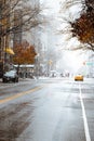 Heavy snow storm coverage on pretty new york city street