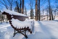 Heavy snow storm covered empty bench in park. Royalty Free Stock Photo