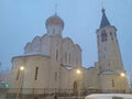 Snowfall in Moscow by night, White church in Lesnaya streetRussia