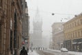 Heavy snowfall covering the Jindrisska Tower in Prague