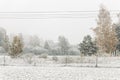 Heavy snowfall in Northern Europe countryside. White snow blizzard in rural landscape