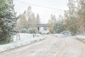 Heavy snowfall in Northern Europe countryside. White snow blizzard in rural landscape