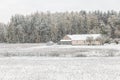 Heavy snowfall in Northern Europe countryside. White snow blizzard in rural landscape