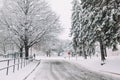 Heavy snowfall and snowstorm in Toronto, Ontario, Canada. Snow blizzard and bad weather winter condition. Poor visibility and Royalty Free Stock Photo