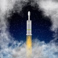 Heavy space rocket leaves Earth atmosphere. Rocket carrier flight inside white realistic clouds with tons of 3D smoke Royalty Free Stock Photo