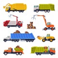 Heavy Special Sanitary Vehicles Set, Garbage Truck, Bulldozer, Waste Collection, Transportation and Recycling Concept