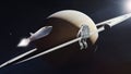 Heavy Starship with Astronaut in outer space on low-orbit of Saturn planet. Elements of this image furnished by NASA