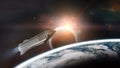Heavy Starship in Earth orbit with alien planets. Elements of this image furnished by NASA