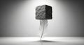 Heavy stone cube miraculously balancing on a single delicate feather demonstrating the power of Royalty Free Stock Photo