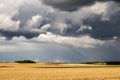 Heavy stormy clouds on sky with rainbow on background Royalty Free Stock Photo