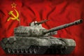Heavy tank with city camouflage on the Soviet Union SSSR, USSR national flag background. 9 May, Victory day concept. 3d Illustra