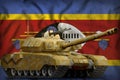 Heavy tank with desert camouflage on the Swaziland national flag background. 3d Illustration