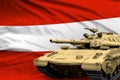 Austria modern tank with not real design on the flag background - tank army forces concept, military 3D Illustration