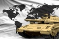 Earth modern tank with not real design on the flag background - tank army forces concept, military 3D Illustration