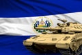 Heavy tank with fictional design on El Salvador flag background - modern tank army forces concept, military 3D Illustration