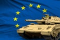 Heavy tank with fictional design on European Union flag background - modern tank army forces concept, military 3D Illustration