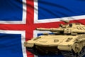 Heavy tank with fictional design on Iceland flag background - modern tank army forces concept, military 3D Illustration