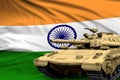 Heavy tank with fictional design on India flag background - modern tank army forces concept, military 3D Illustration