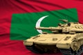 Heavy tank with fictional design on Maldives flag background - modern tank army forces concept, military 3D Illustration