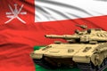 Oman modern tank with not real design on the flag background - tank army forces concept, military 3D Illustration