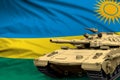 Rwanda modern tank with not real design on the flag background - tank army forces concept, military 3D Illustration