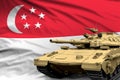 Heavy tank with fictional design on Singapore flag background - modern tank army forces concept, military 3D Illustration