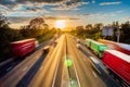 Heavy traffic moving at speed on UK motorway in England at sunset