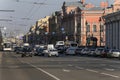 Heavy traffic on Nevsky Prospekt. Cars and public transport continue to move, despite the regime of self-isolation