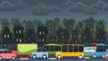 Heavy traffic on road. Seamless horizontal cartoon illustration. Asphalt path. Summer landscape. Different cars in comic