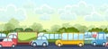 Heavy traffic on road. Seamless horizontal cartoon illustration. Asphalt path. Summer morning landscape. Different cars