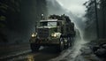 A heavy truck speeds through the fog in the forest generated by AI Royalty Free Stock Photo