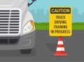 Heavy vehicle driving practice with red cones. Truck driving training in progress warning sign close-up view Royalty Free Stock Photo