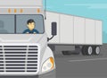 Heavy vehicle driving. Truck driver checking rear mirror while moving back. Close-up front view of a trailer.