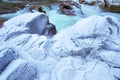 Heavy winter frost on creek-side rocks