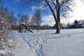 Winter urban city landscape - a snow-covered playground in a residential area in Canada