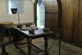 Heavy wood table and display of bowls in one of many rooms,Rock Of Cashel,Ireland,2014