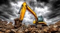 Heavy yellow excavator working on a construction site under dramatic clouds Royalty Free Stock Photo