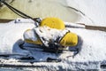 Heavy yellow iron mooring anchoring with cords in Montreal old port quayort quayport quay