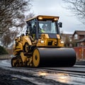 A heavy yellow road roller machine is seen working on a construction site. It compacts asphalt for road development. This image Royalty Free Stock Photo