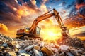HeavyDuty Excavator Efficiently Clears Construction Debris Powerful Machine at Work on Busy Site Offers Ample Space for Royalty Free Stock Photo
