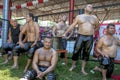 Heavyweight wrestlers wait to be introduced onto the arena at the Kirkpinar Turkish Oil Wrestling Festival in Edirne in Turkey.