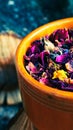 edible roses petal in a wooden pot Royalty Free Stock Photo