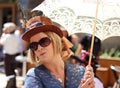 Hebden Bridge Market Steampunk lady with parasol and Steampunk Hat with goggles