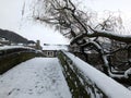 Hebden bridge with the old packhorse bride covered in snow