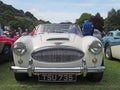 Front view of a vintage white Austin-Healey 3000 mark 2 1960s british sports car at hebden bridge vintage weekend Royalty Free Stock Photo